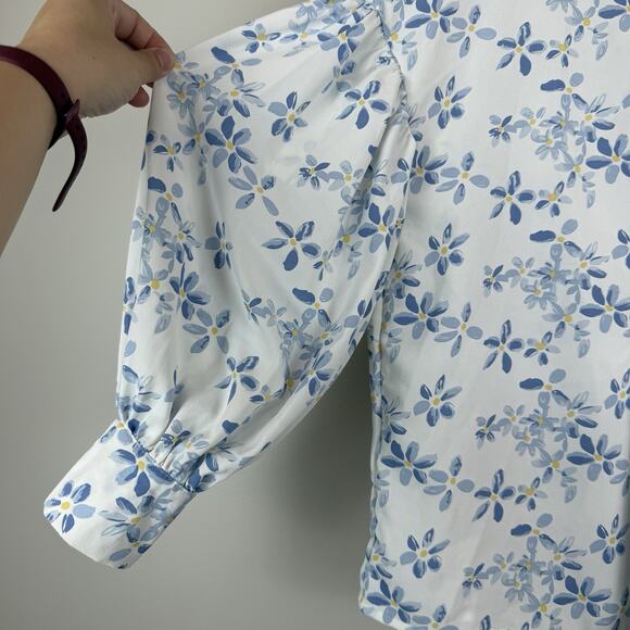Dazy Floral Top Women Small White Blue Long Peasant Sleeve Button Up Cottagecore - Picture 3 of 8